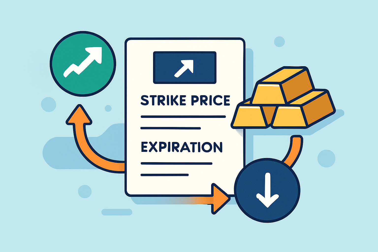 Visual guide showing the steps and components of commodities options trading including call and put options, strike prices, and contract expiration.