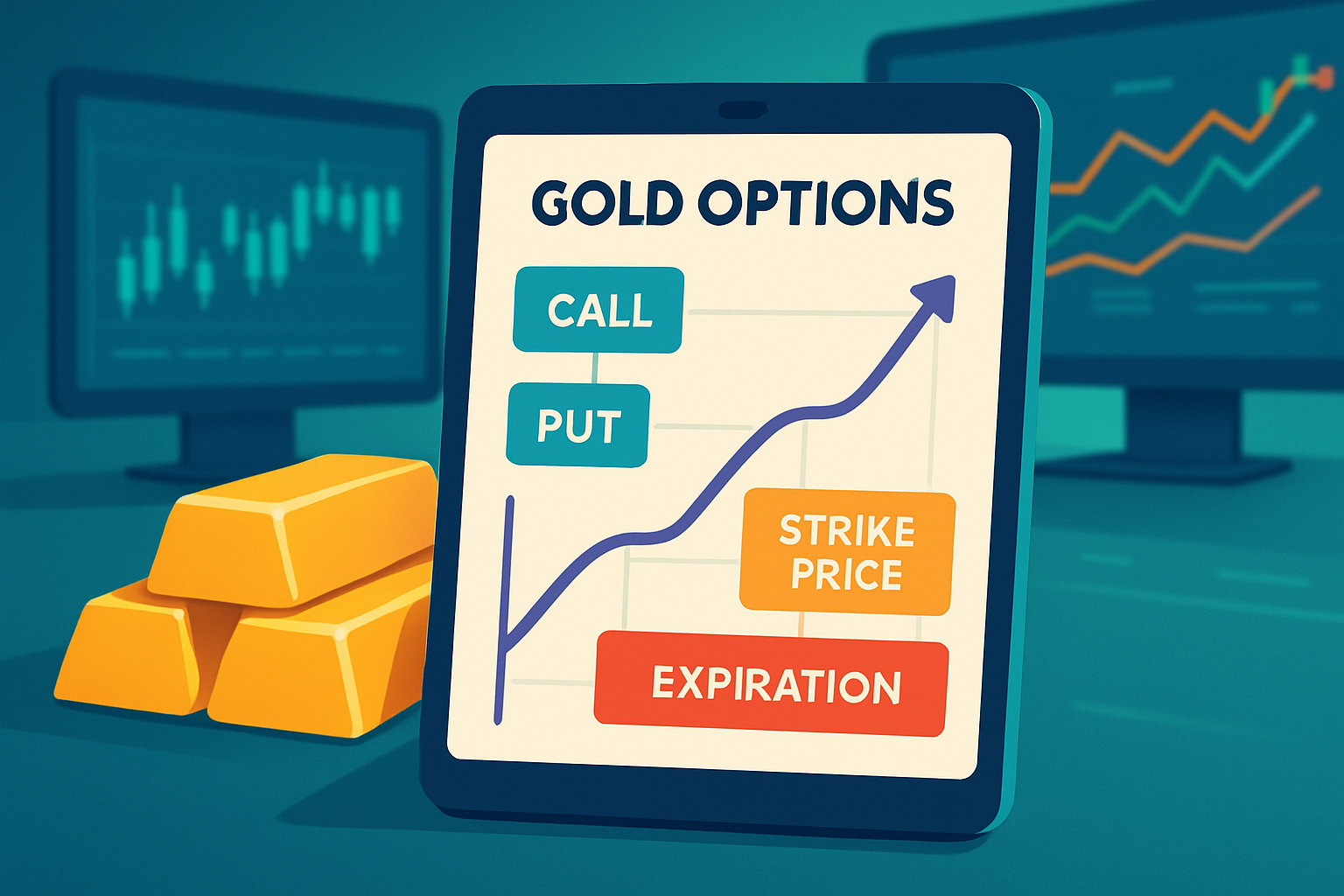 Visual representation of gold options trading concepts and terminology with gold bars and financial charts