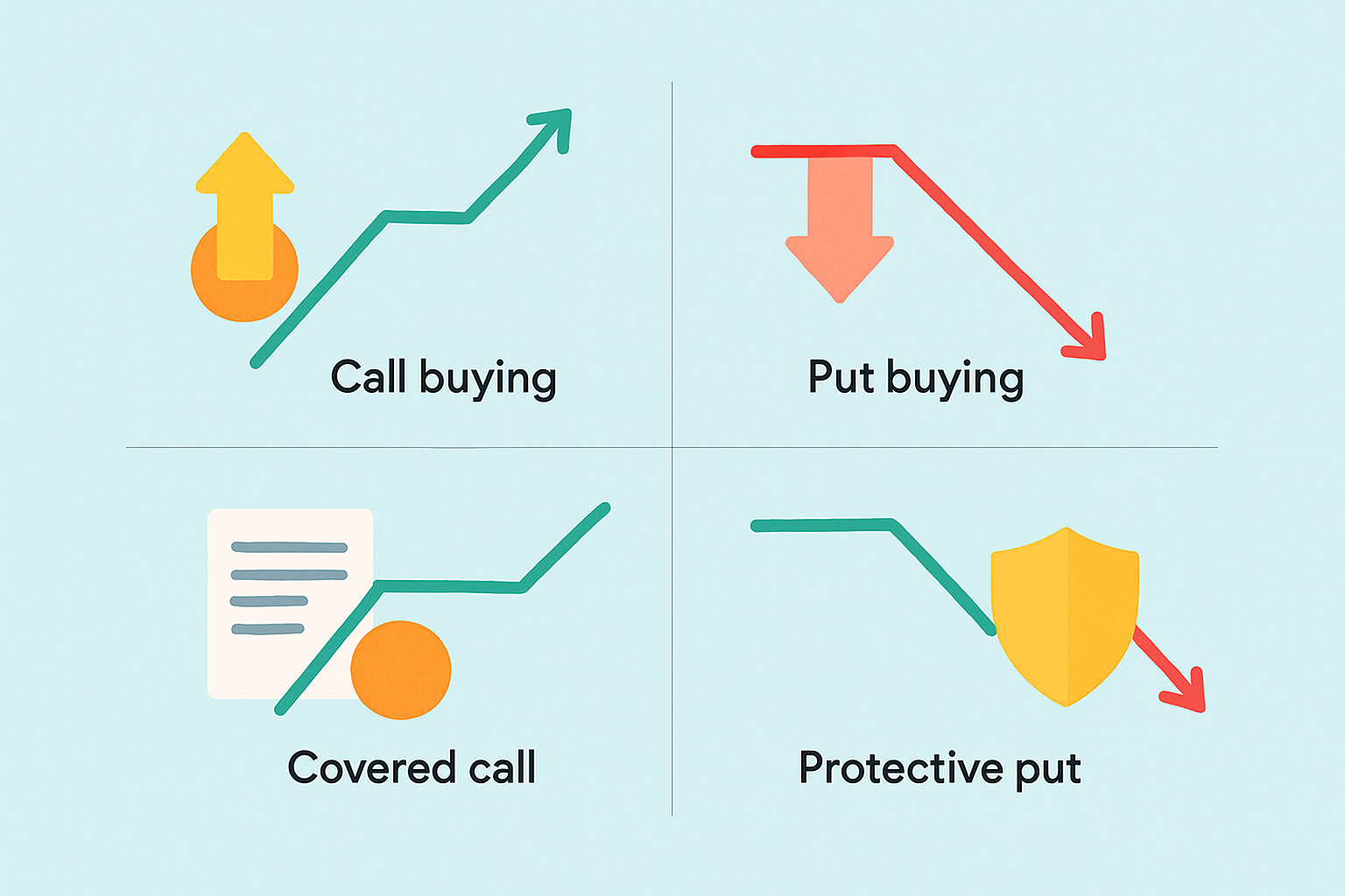 Diagram illustrating basic options trading strategies for beginners, showing how calls, puts, covered calls, and protective puts work.