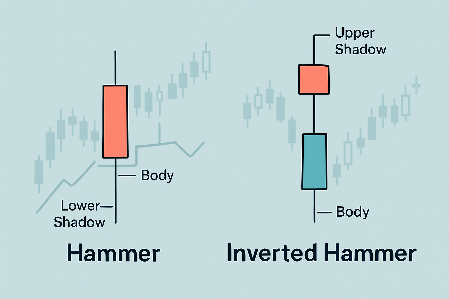 Visual comparison of hammer and inverted hammer candlestick patterns highlighting body and shadow differences.