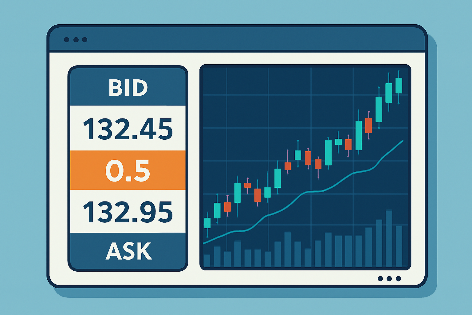 Visual example of bid and ask prices and the spread on a trading platform interface