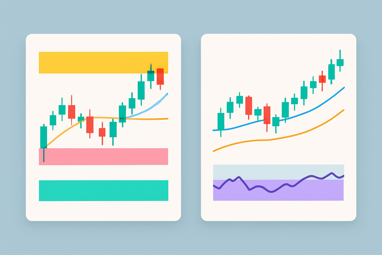Comparison chart illustrating ICT trading zones versus traditional technical indicators on the same price data.
