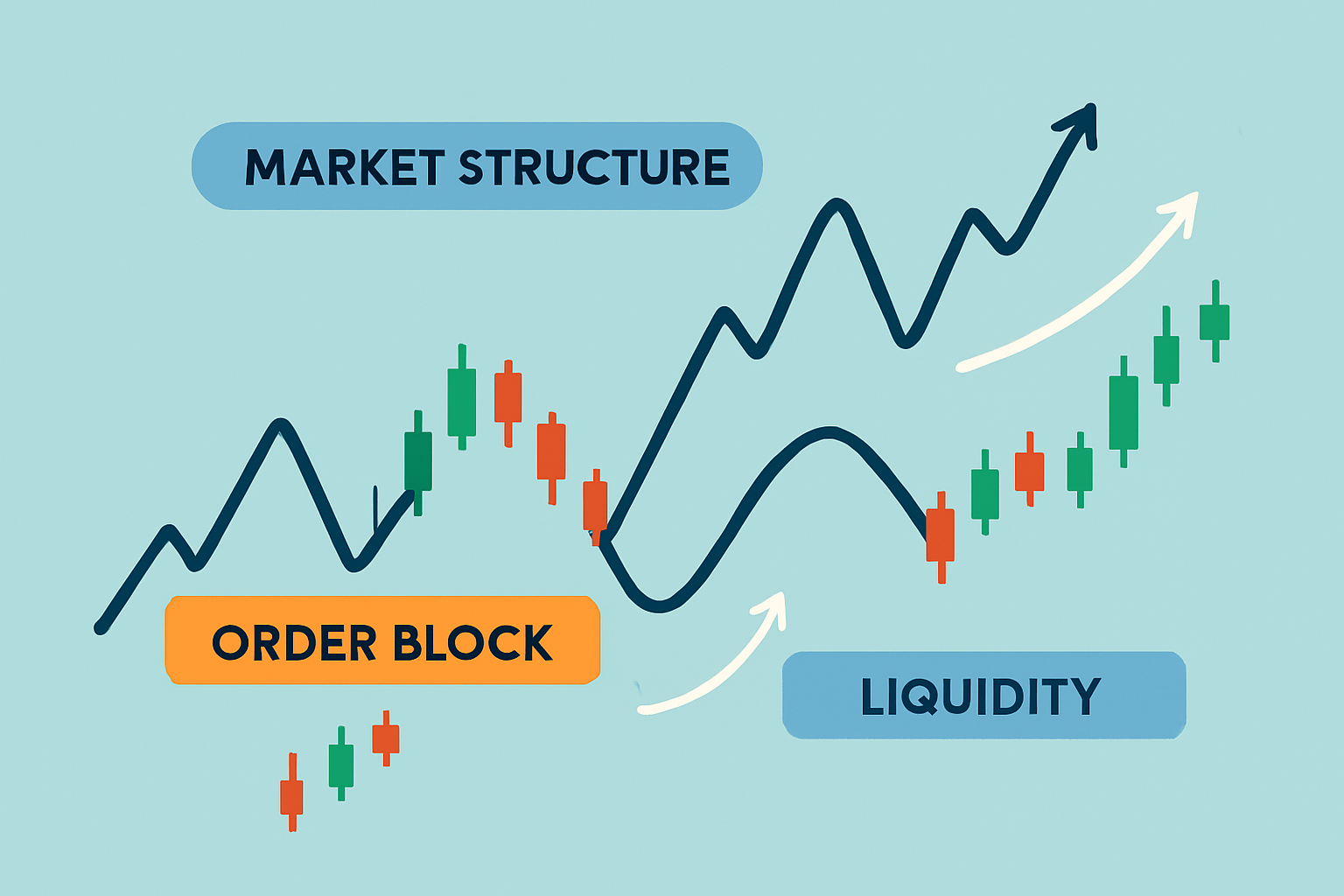 A financial chart illustrating key ICT concepts like order blocks, liquidity pools, and market structure to aid understanding.
