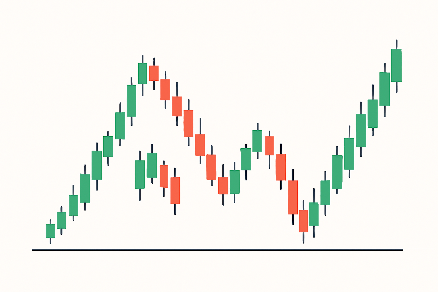 Heikin-Ashi candlestick chart illustrating various trend patterns and market conditions clearly.