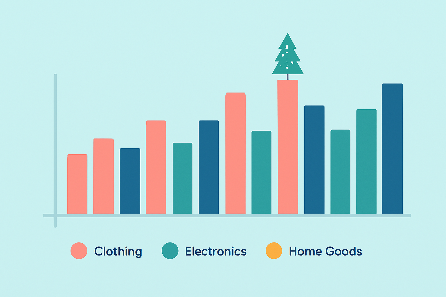 A bar graph illustrating monthly retail sales growth by category, highlighting seasonality such as holiday spikes.