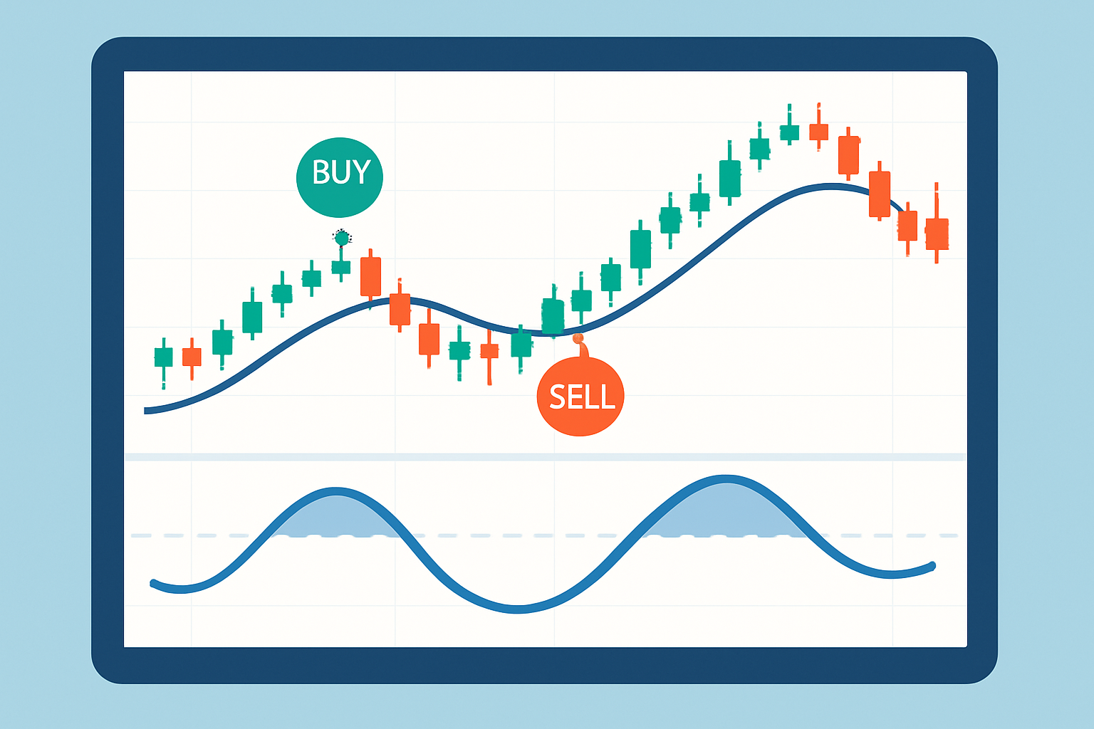 Example of momentum indicator applied to price chart highlighting trade signals and trend confirmation