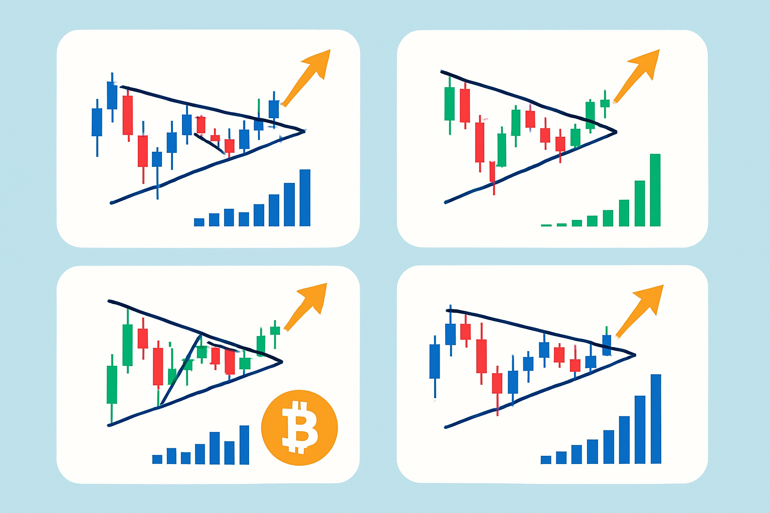 Examples of ascending, descending, and symmetrical triangle patterns identified in real-world markets with breakout highlights