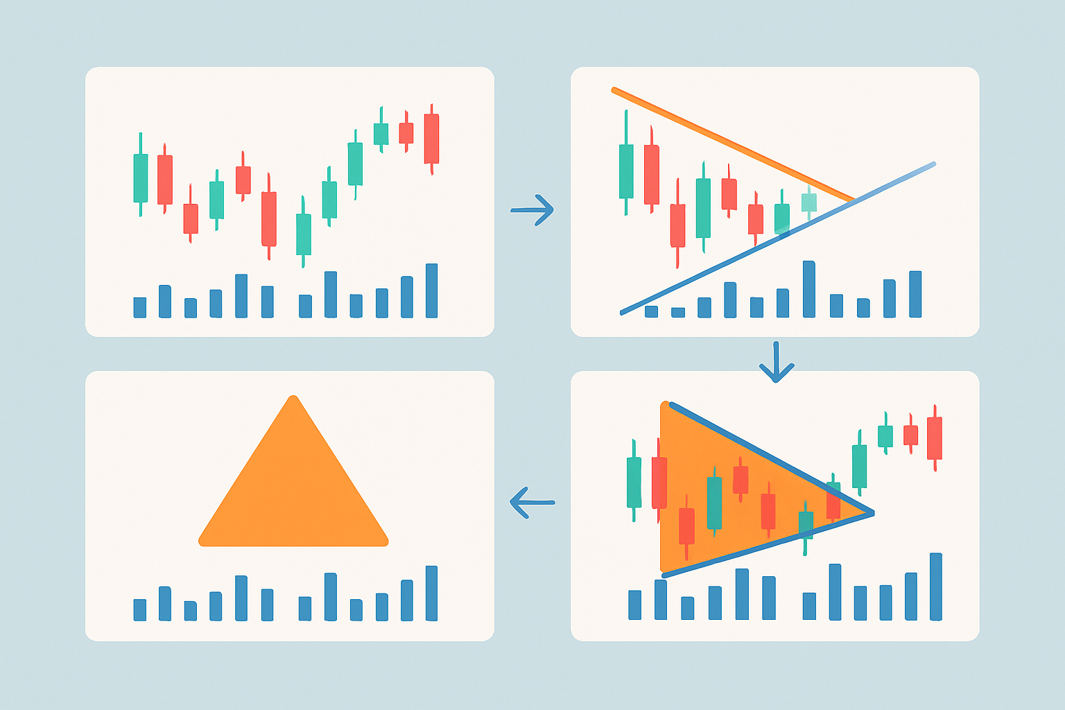 Visual guide demonstrating the identification and confirmation of triangle patterns on a candlestick chart