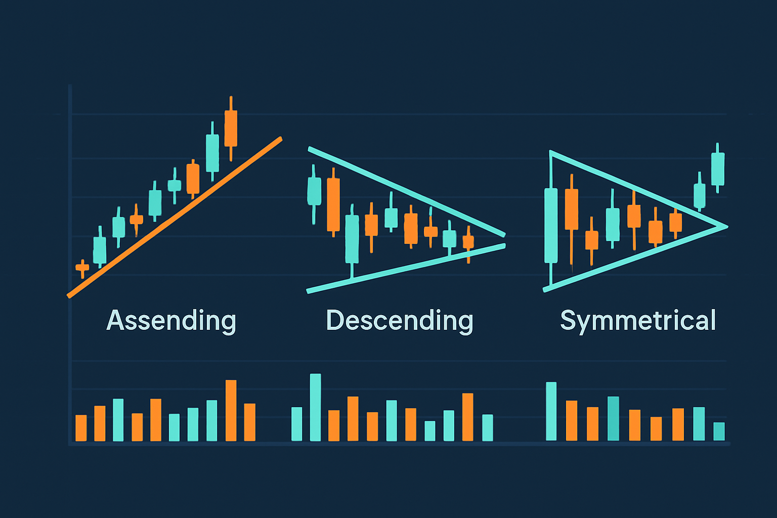 Illustration of the three main triangle patterns with annotated trendlines and volume indications