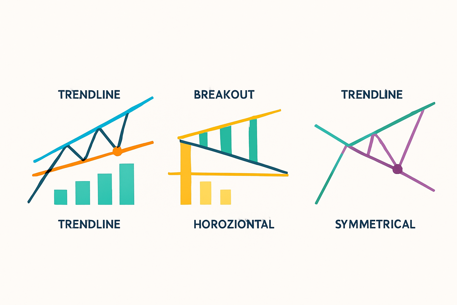 Visual depiction of ascending, descending, and symmetrical triangle patterns on price charts with clear annotations.