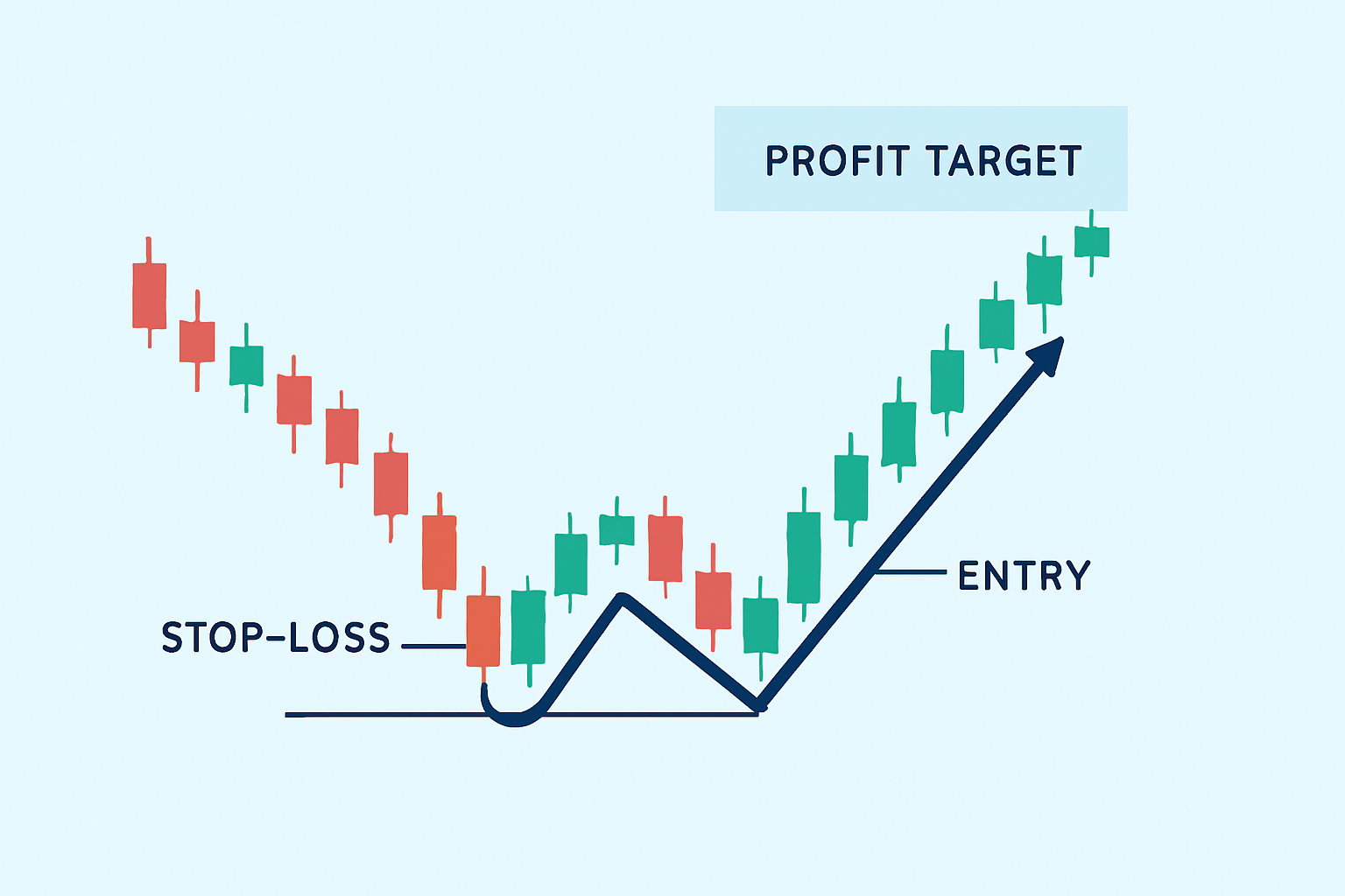 Annotated chart demonstrating trade entry, stop-loss, and profit target for a double bottom pattern.