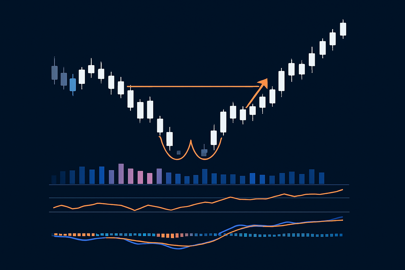 Chart showing a double bottom pattern with supporting volume and technical indicators such as RSI and MACD.