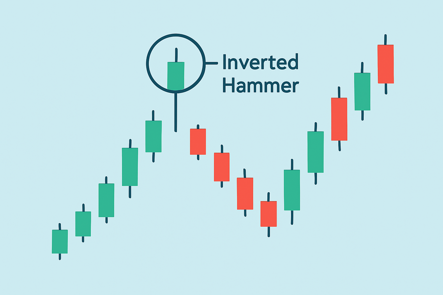 Annotated chart illustrating each step of identifying a reverse hammer candle within a downtrend.
