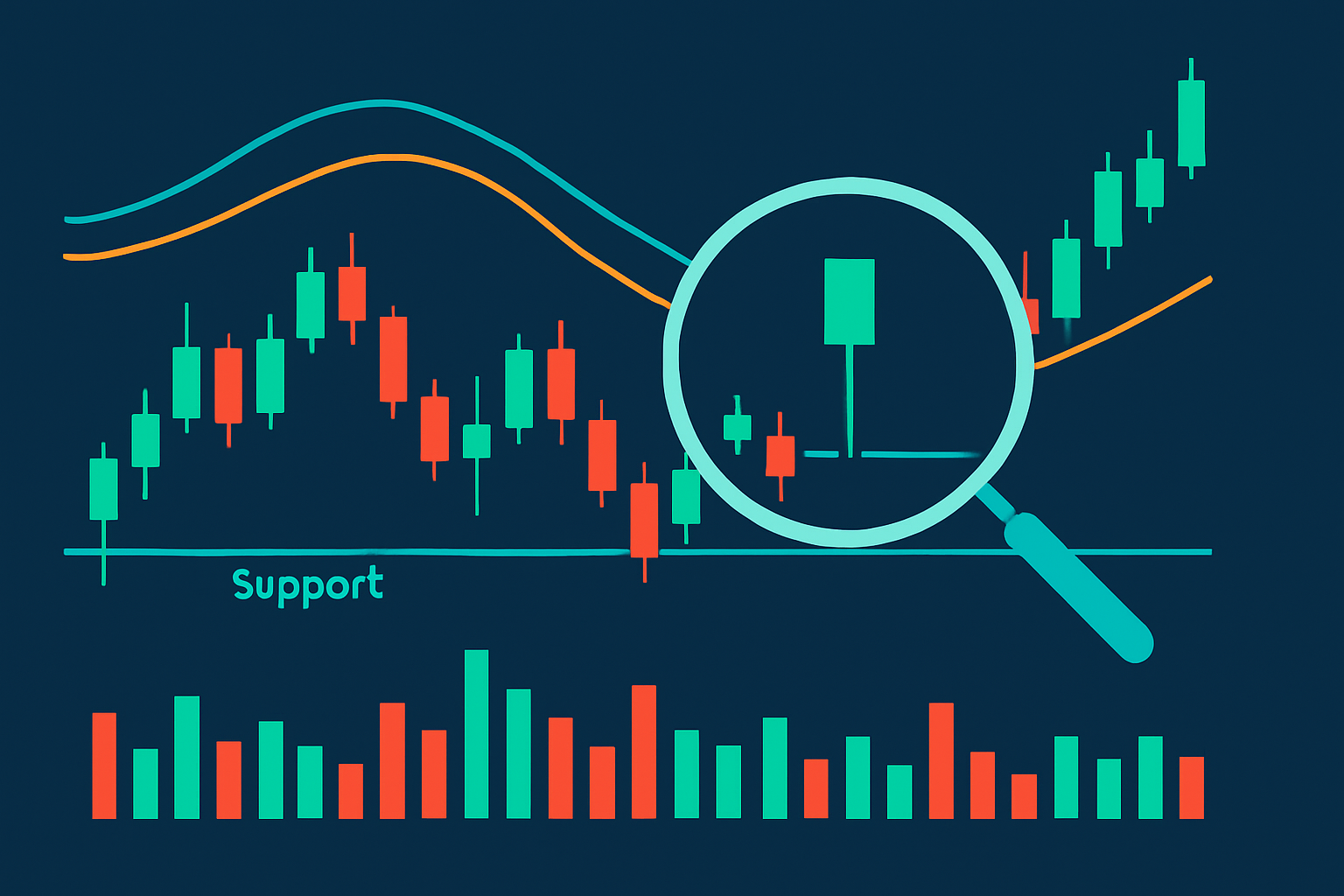 Example of a reverse hammer candle forming at a support level with corresponding high volume.