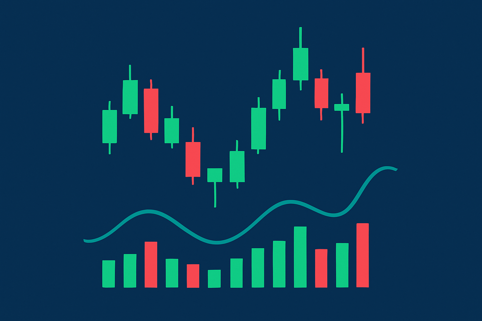 Example of a candlestick chart highlighting hammer and shooting star reversal patterns with volume and RSI indicators shown.