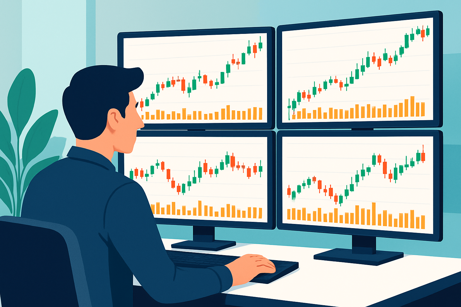 A trader monitoring multiple charts and volume indicators for scalping in fast markets.