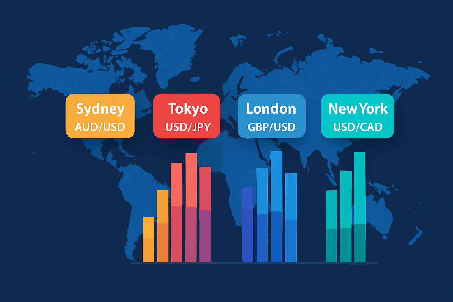 Illustration of global forex trading sessions with highlighted time zones and overlap periods for better understanding of market hours.