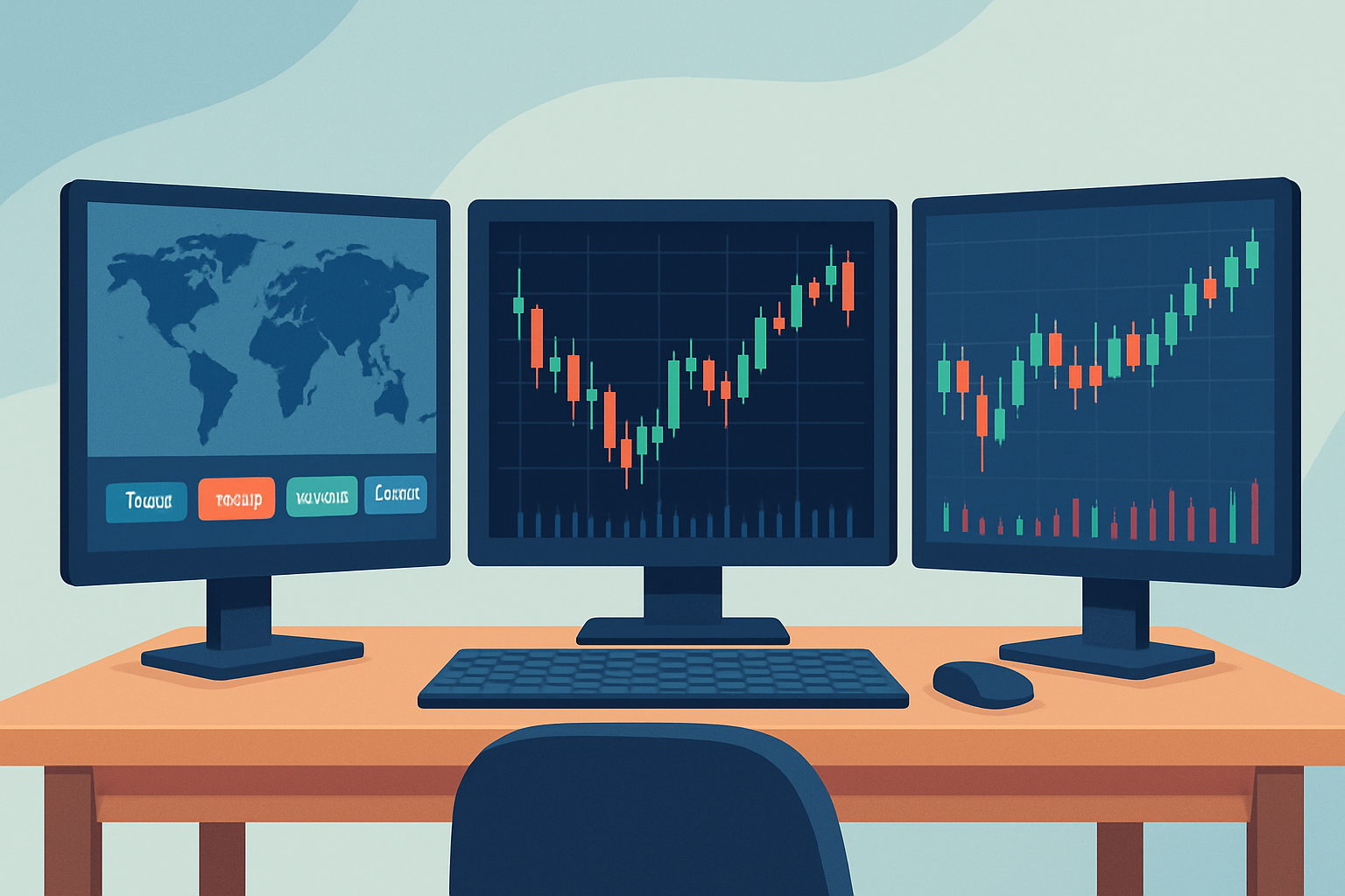 A professional Forex trading setup displaying global market sessions with real-time charts and session information.