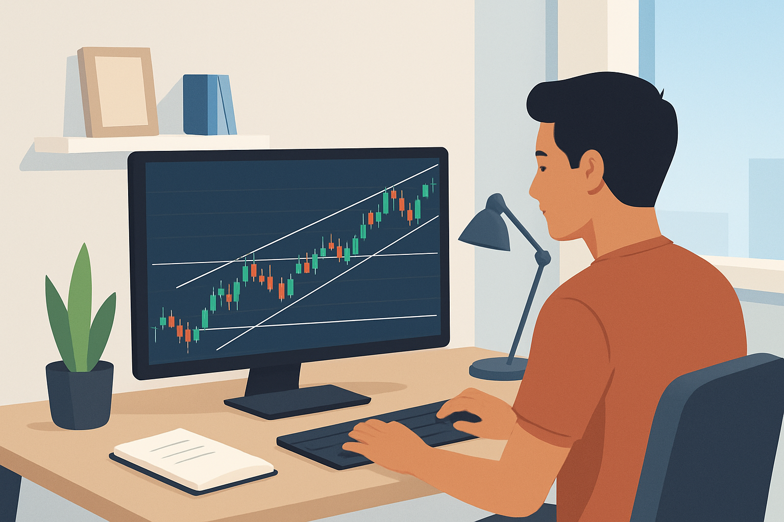 A beginner forex trader using simple charting techniques to identify trends and support/resistance levels.