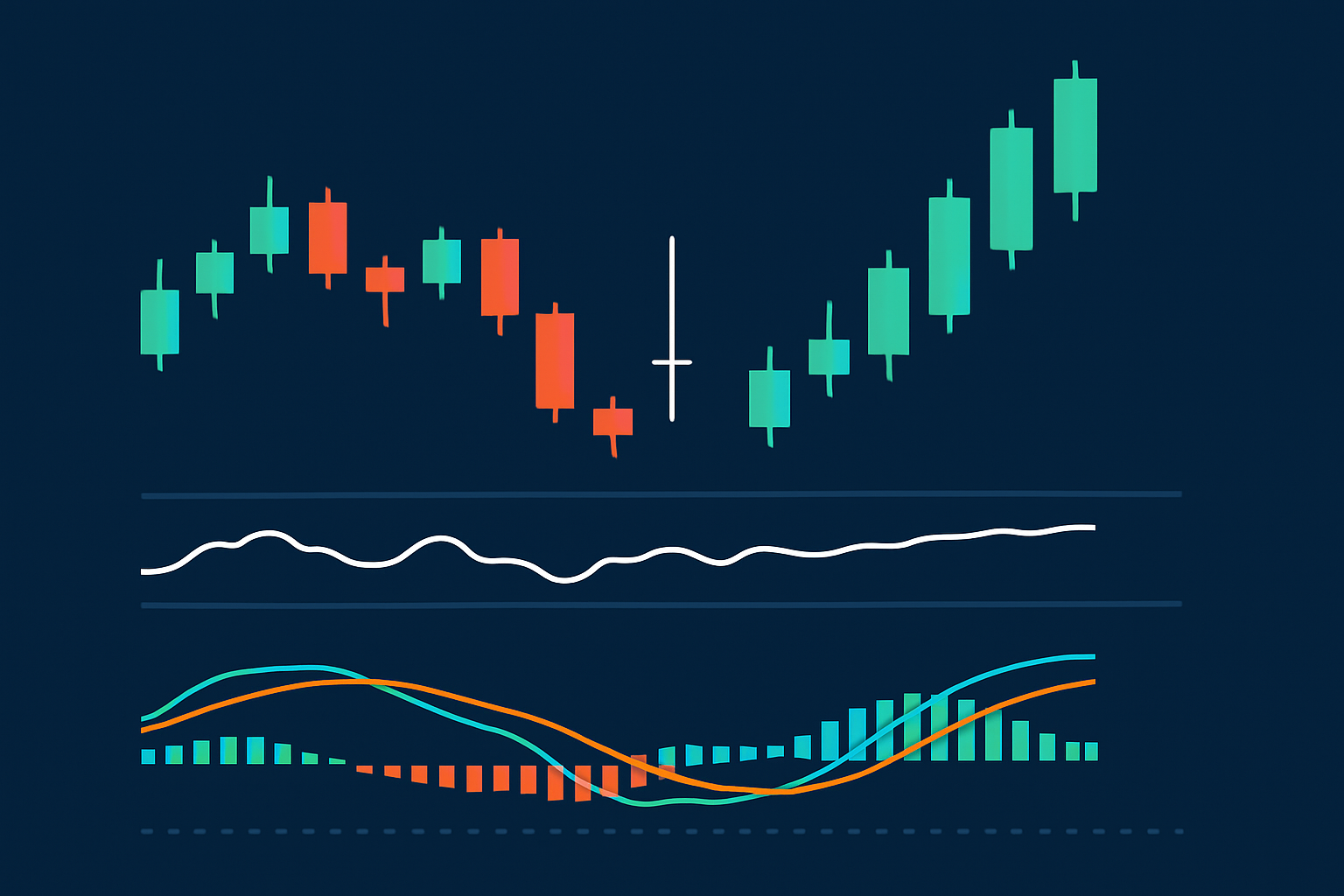 Chart illustrating a Doji candlestick in a trend, confirmed by RSI and MACD indicators signaling a potential reversal.