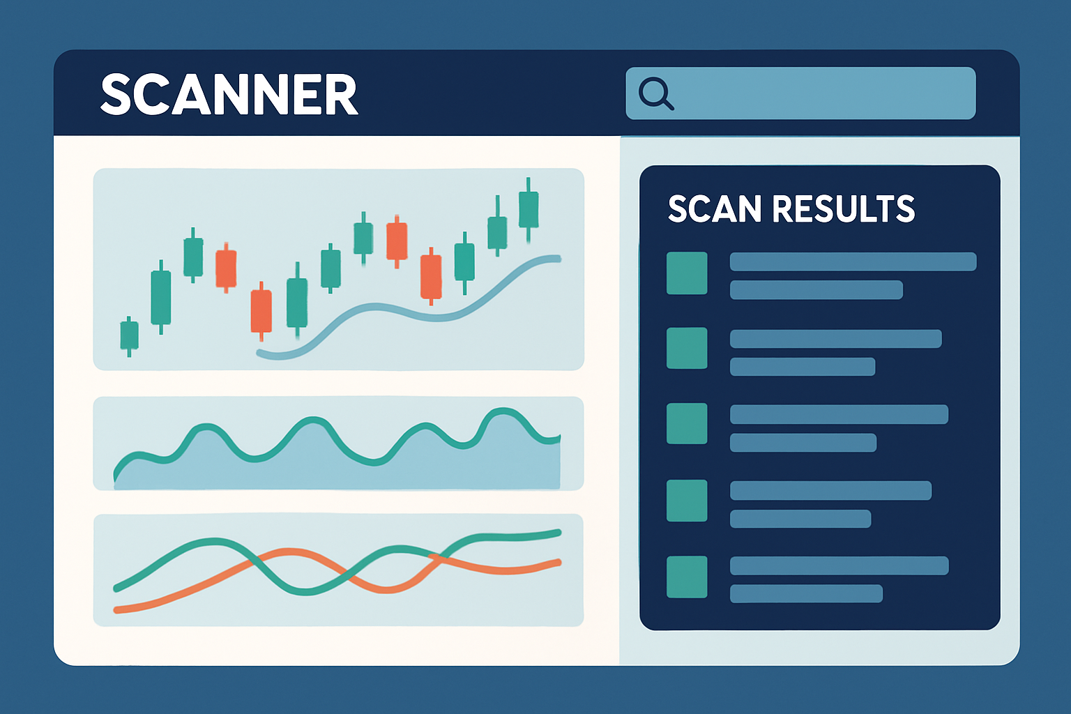 TrendSpider Scanner interface showing multi-indicator scan results on various stocks.