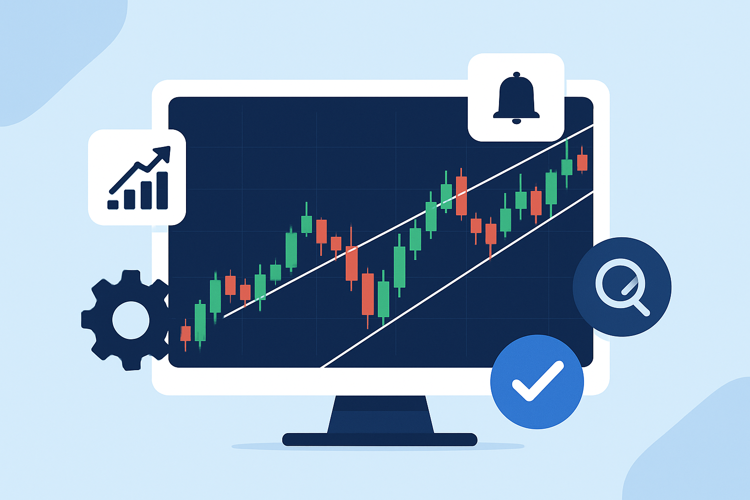 Screenshot showcasing TrendSpider’s automated trendline detection and alert setup on an example stock chart