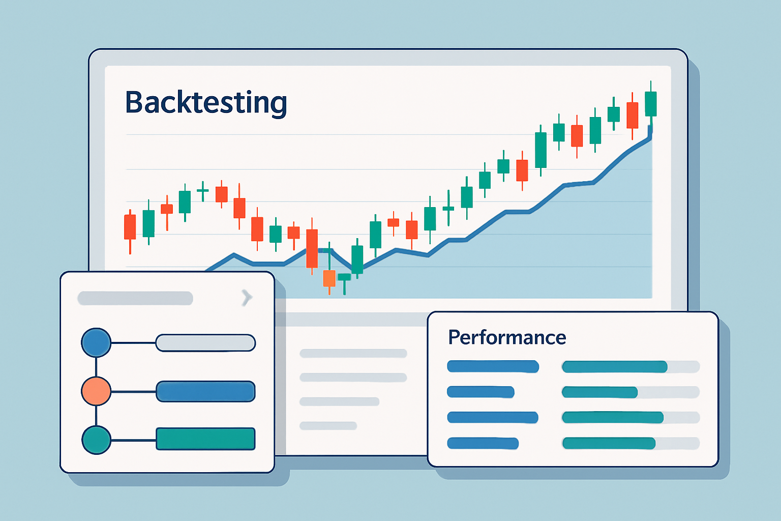 TrendSpider interface displaying backtesting setup with charts and key performance indicators