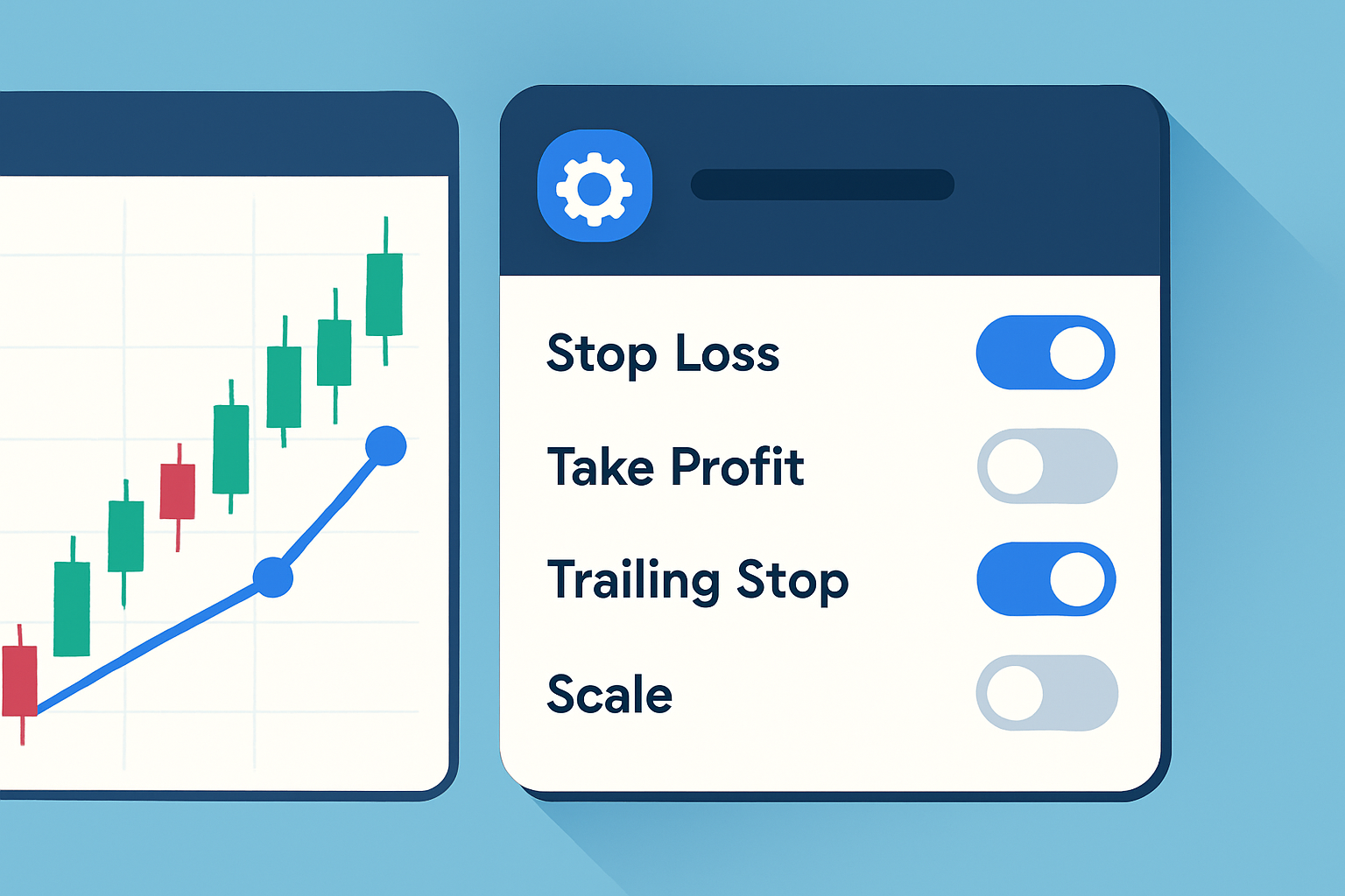 TradingView ATM settings panel with highlighted key fields like stop loss, take profit, trailing stops, and position scaling options.