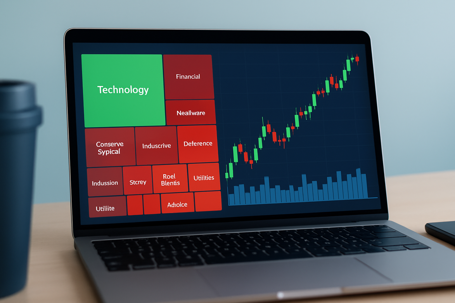 Visual example demonstrating a bullish sector cluster on the heat map paired with technical confirmation on price and volume charts.