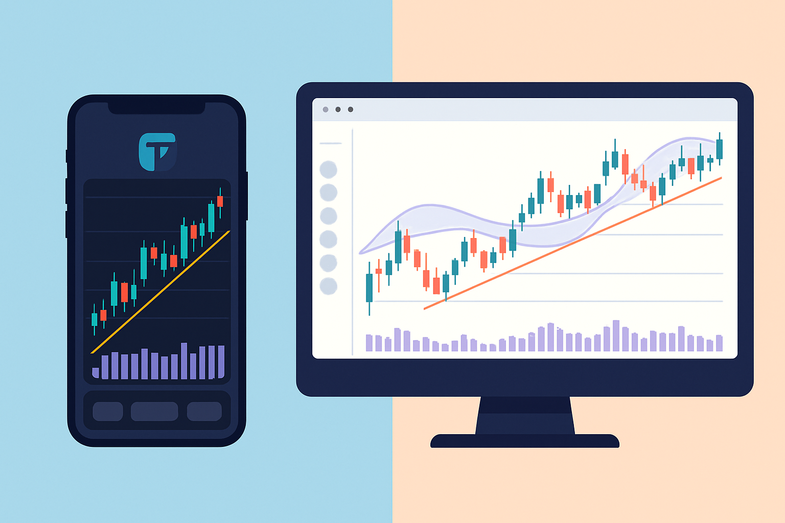 Visual comparison of TrendSpider mobile app and desktop platform interfaces illustrating usability differences and charting capabilities.