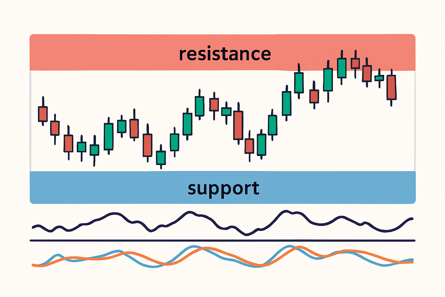 Example of support and resistance zones identified with TrendSpider alongside RSI and Stochastic indicators for ranging market trading