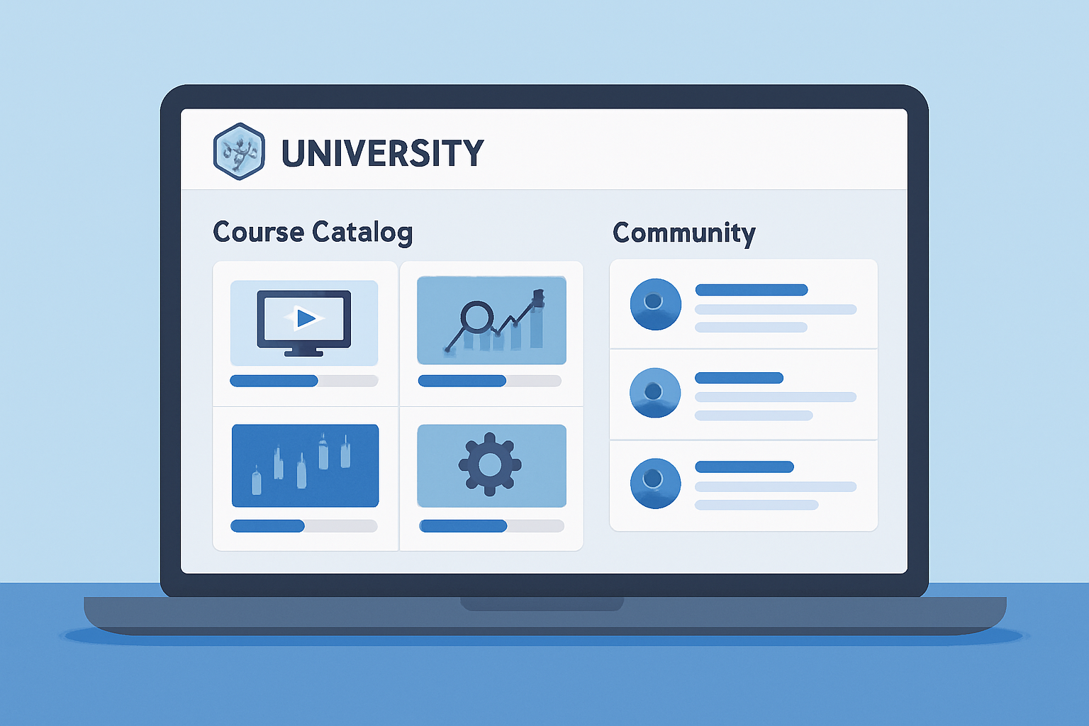 The main dashboard of TrendSpider University featuring course navigation, progress tracking, and community discussions.