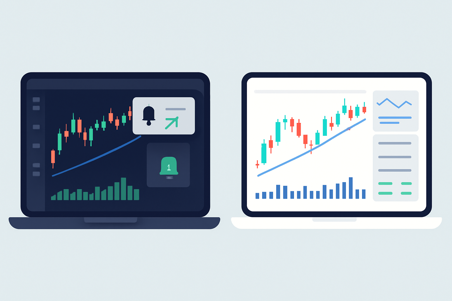 Side-by-side screenshot comparison of TrendSpider and Trade Ideas user interfaces highlighting ease of navigation and layout.
