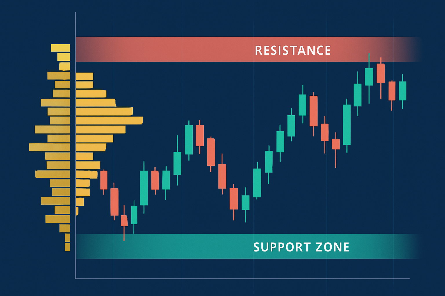 Volume Profile visualization on a stock chart showing volume distribution across price levels.