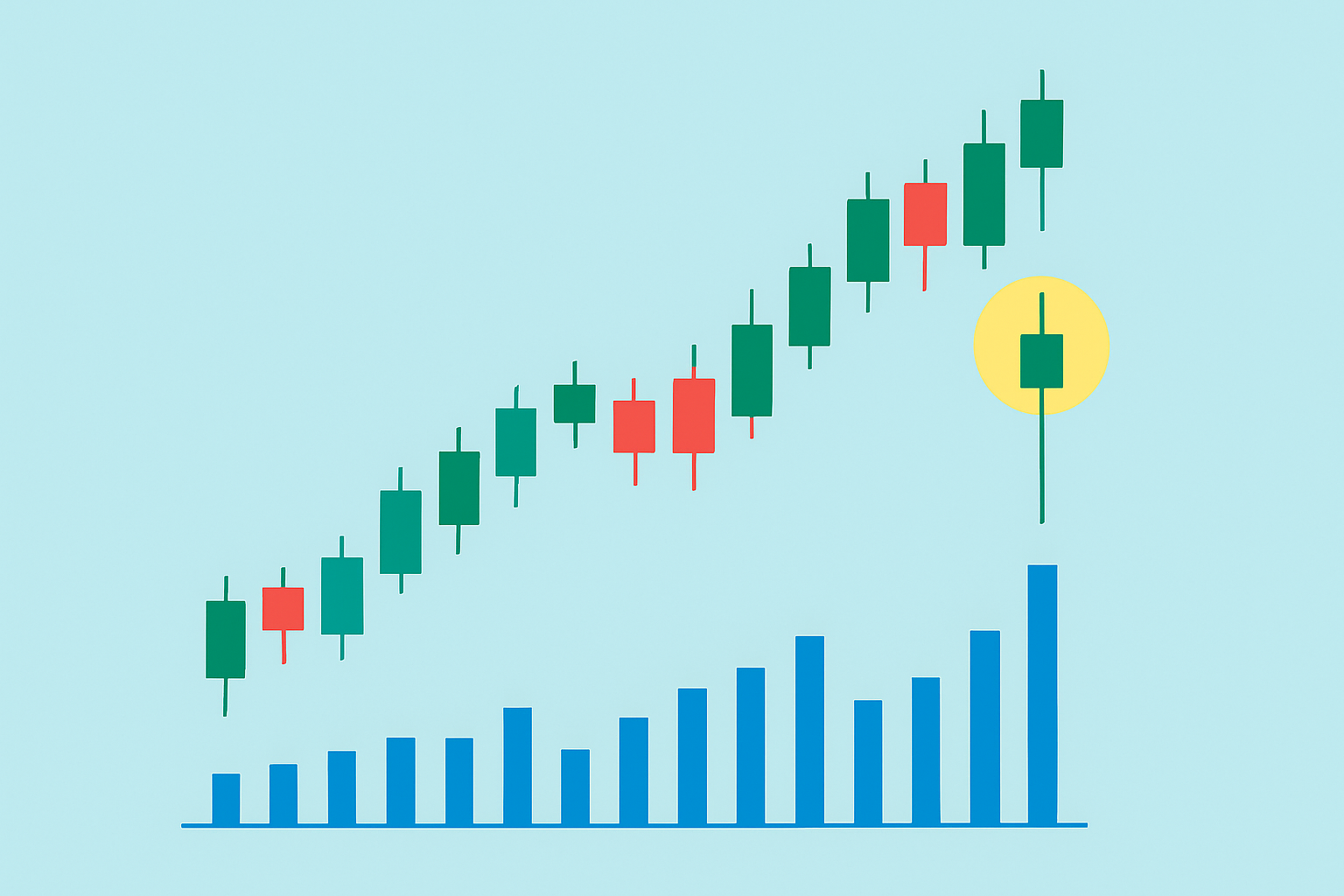 Example of a bearish hammer candlestick pattern forming after an uptrend on a price chart
