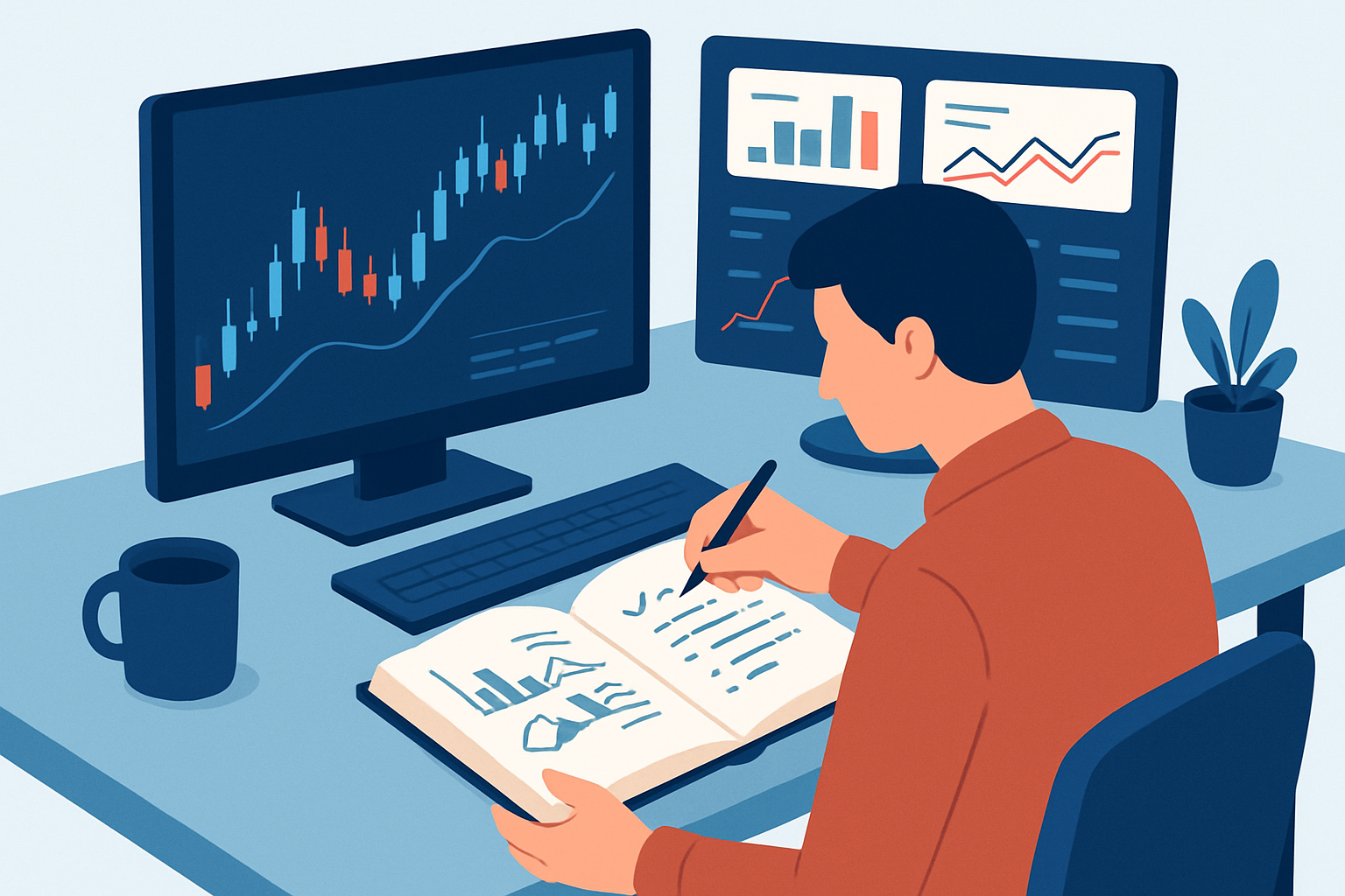 Trader maintaining a risk journal to track trades and improve momentum trading strategy.
