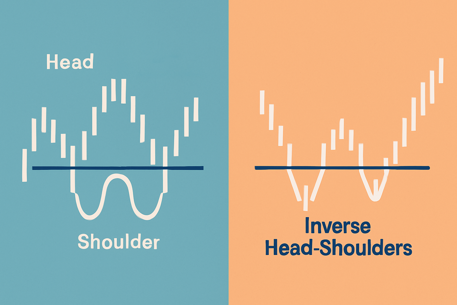 Visual representation of the Head and Shoulders and Inverse Head and Shoulders patterns highlighting key features and breakout points.