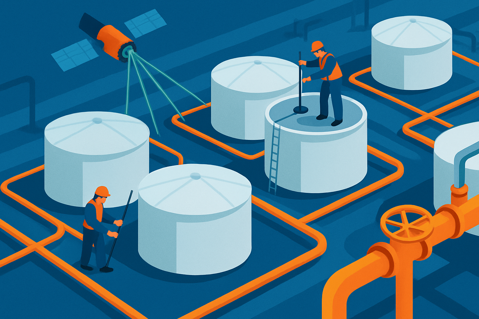 An aerial and cross-sectional illustration showing oil storage tanks, measurement teams, satellite data collection, and pipelines used in inventory reporting processes.