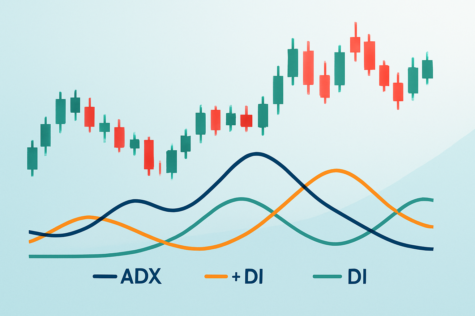 A sample price chart displaying the ADX indicator with +DI and -DI lines to illustrate trend strength and direction.
