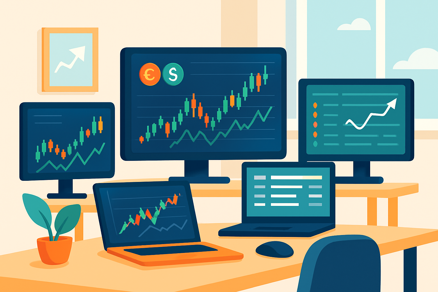 A beginner-friendly forex trading setup showing multiple screens with currency charts and an economic calendar.