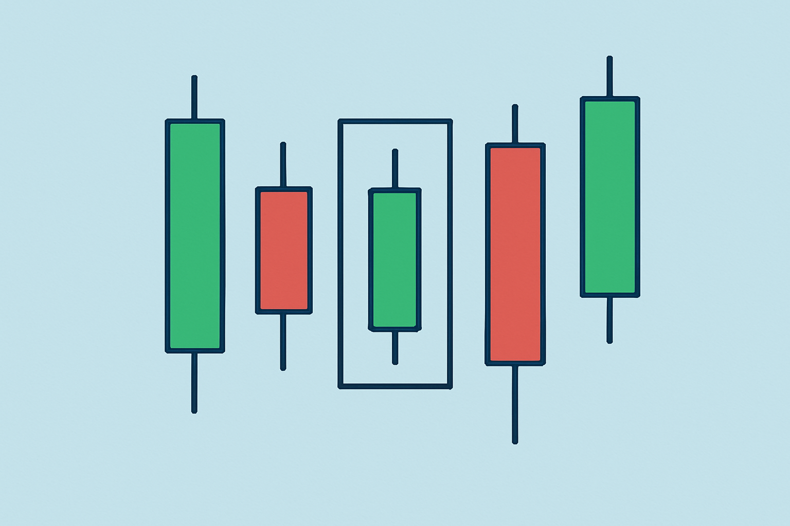 Candlestick chart illustrating a classic inside bar pattern where the smaller inside bar is fully contained within the previous mother bar.