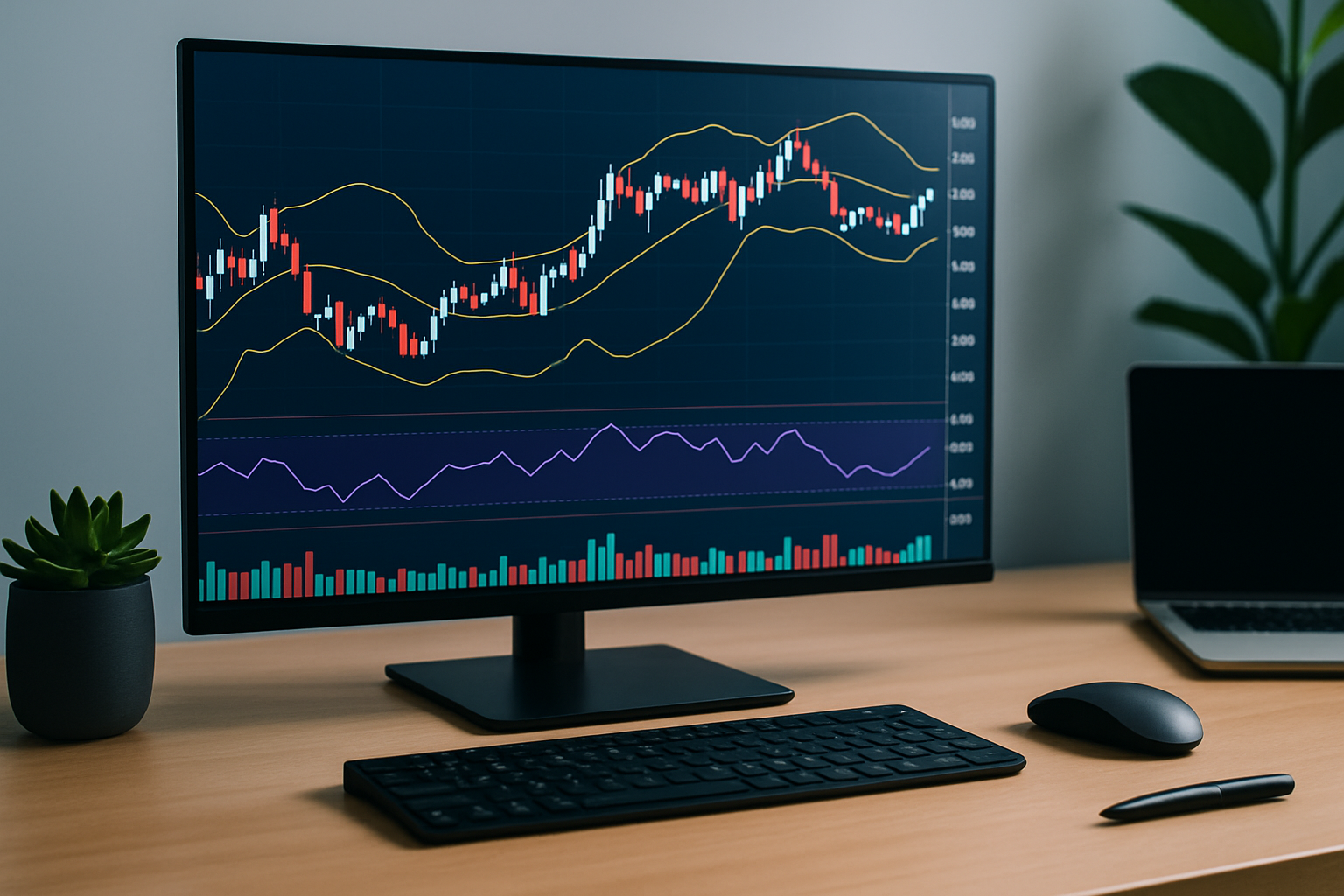 Example of a comprehensive trading setup integrating Bollinger Bands with volume and RSI indicators on a chart.