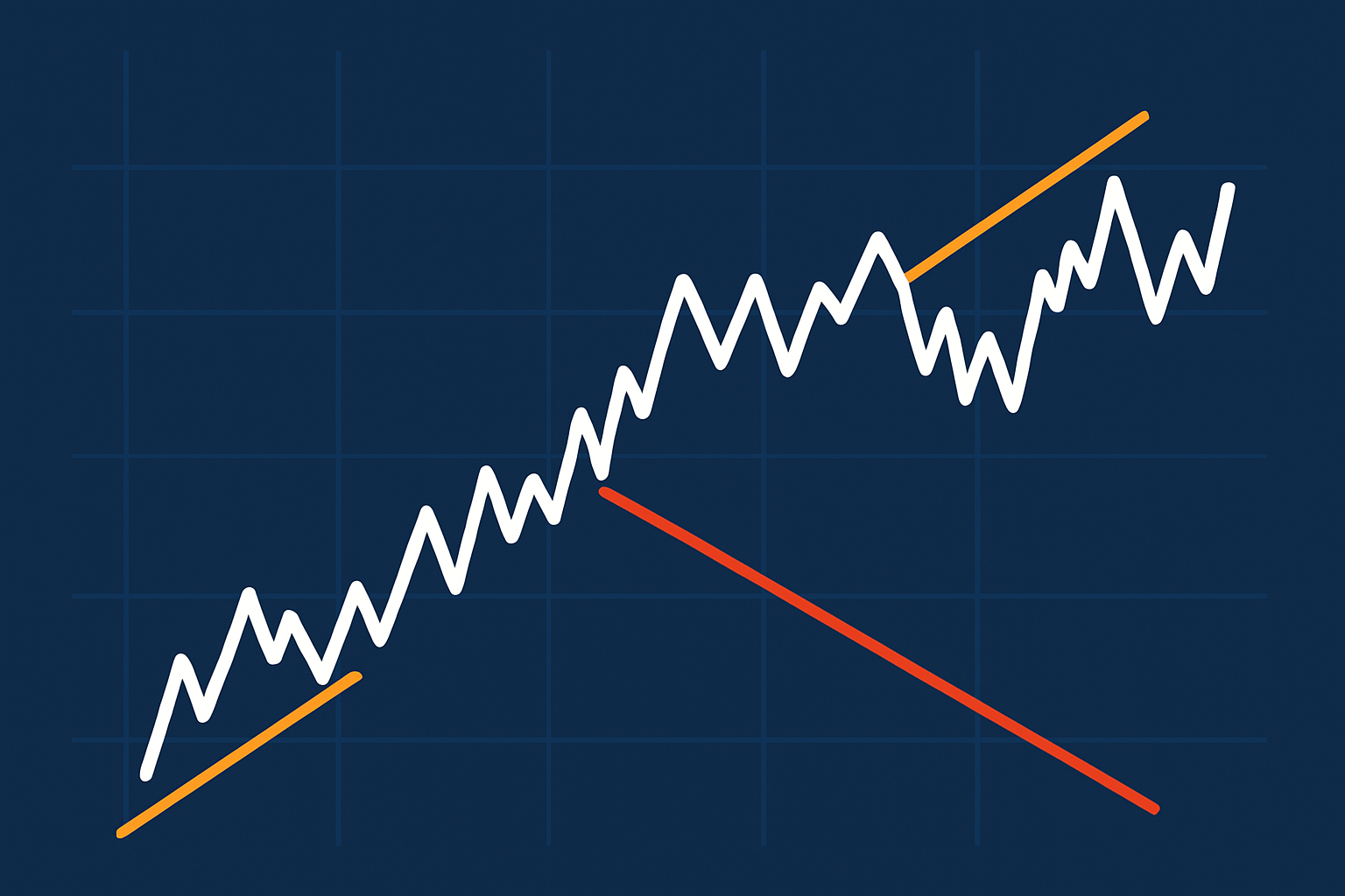 Example of an uptrend and downtrend line on a price chart, illustrating support and resistance roles.