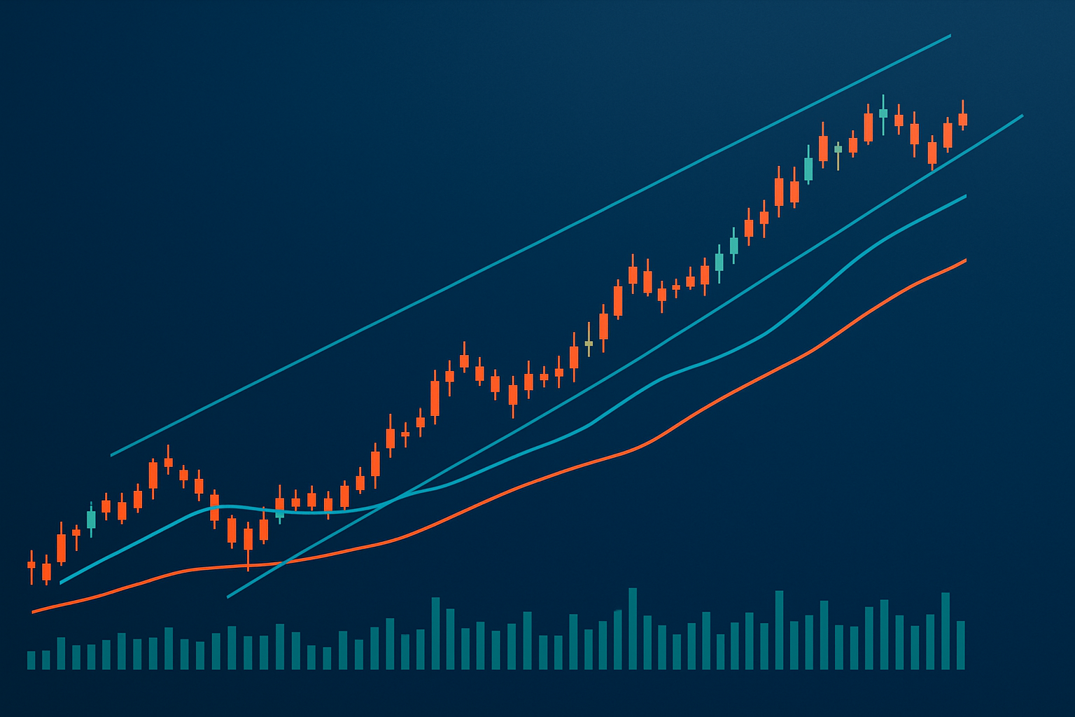 An advanced trading chart overlaying trend lines with moving averages and volume indicators demonstrating integrated analysis.