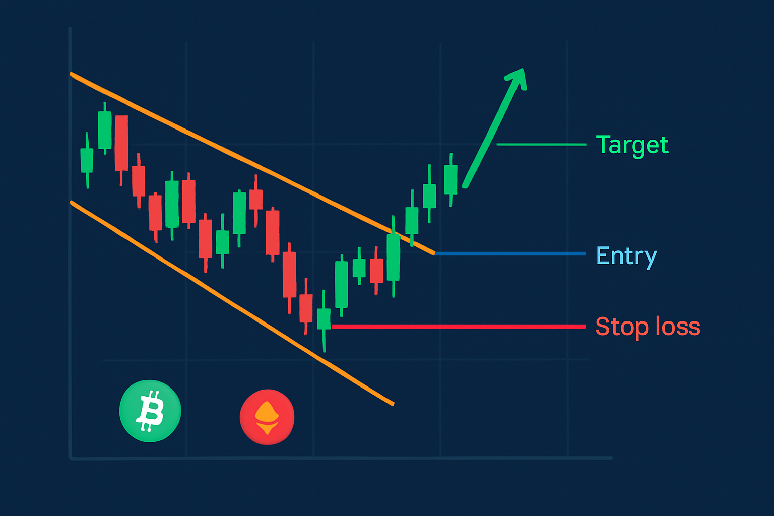 Illustrative example of a wedge falling trade setup showing all key trade parameters and breakout confirmation