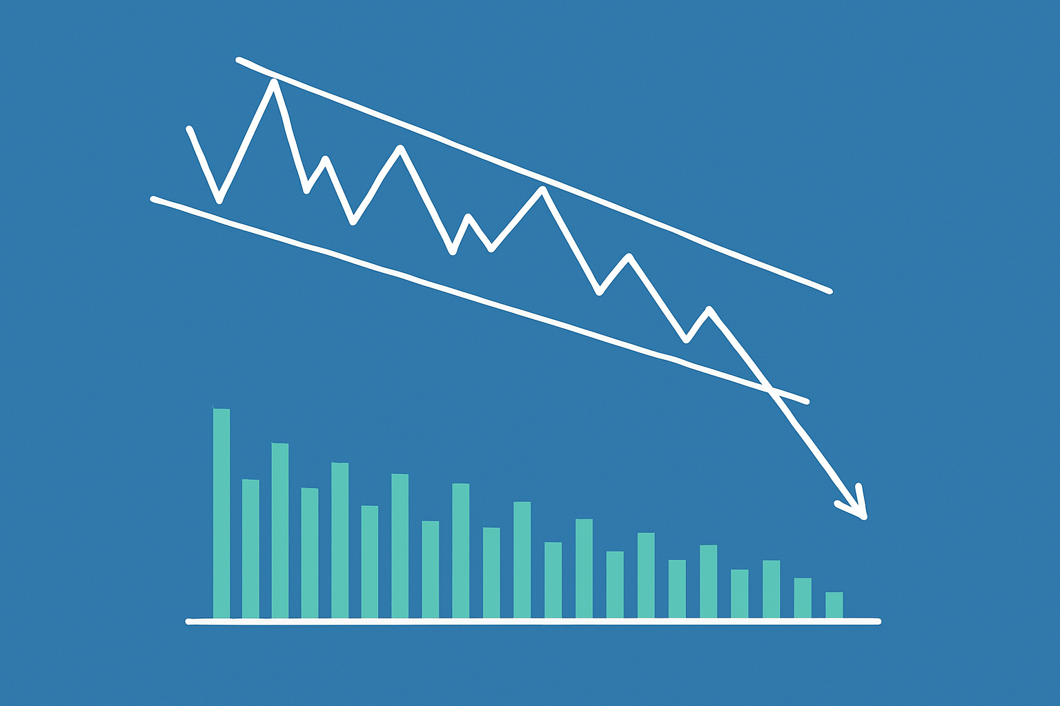 Example of a wedge falling pattern with annotated trendlines and volume to aid visual understanding