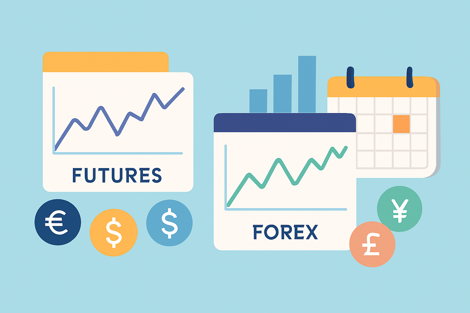 Visual overview comparing futures and forex markets with trading charts and key features highlighted